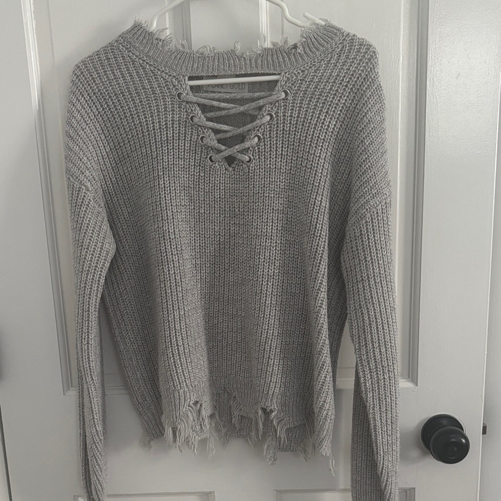 Planet Gold Gray Lace-Up Knit Sweater
